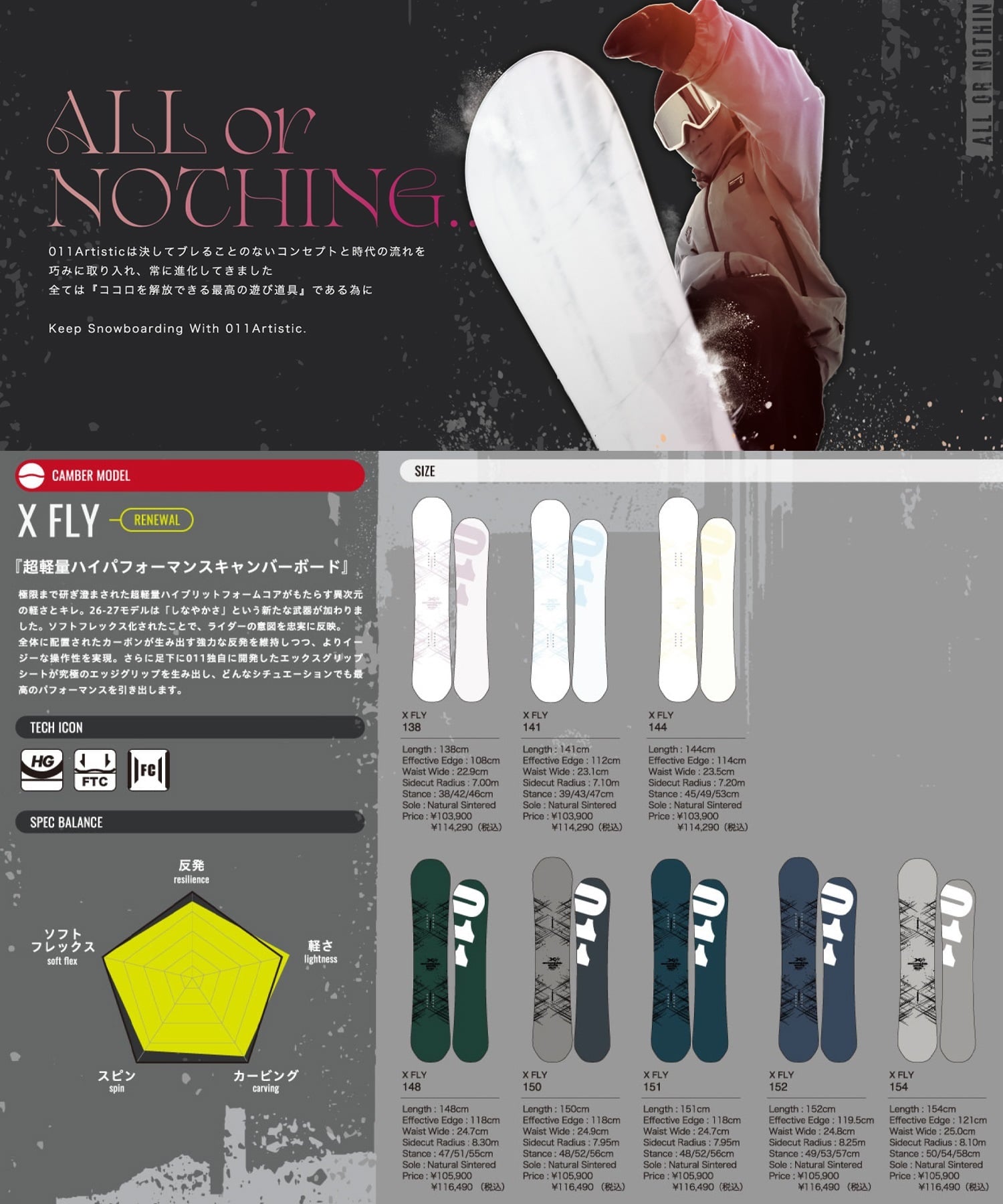 011Artistic ゼロワンワンアーティスティック エックスフライ X FLY スノーボード 板 グラトリ キャンバー 軽量 高反発 ユニセックス 26-27 早期購入(ONECOLOR-138cm)