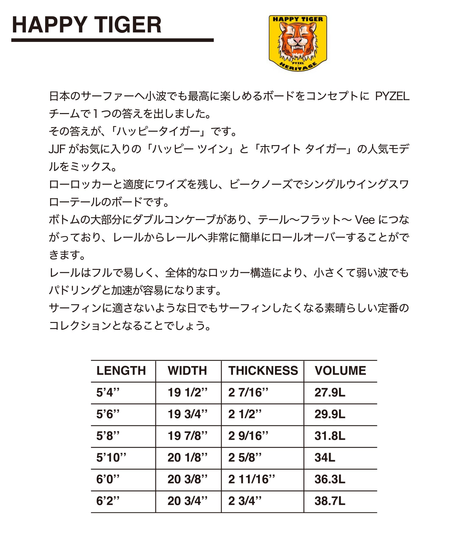 HAPPY TIGER サイズスペック